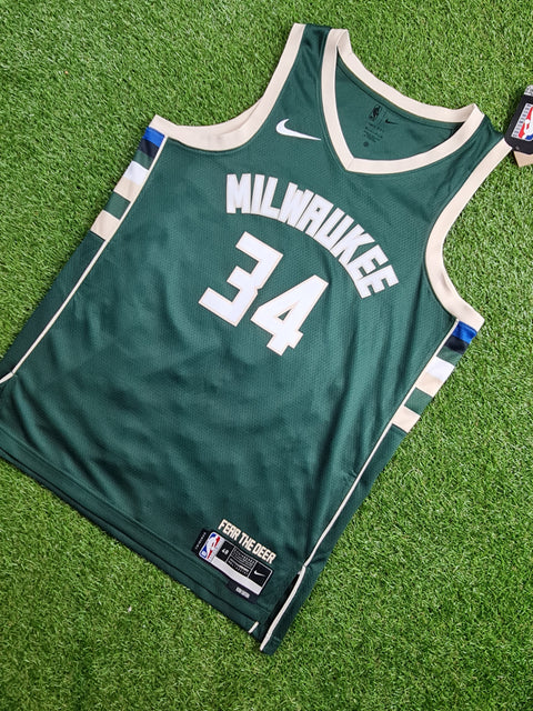 Nike Men's 2022-23 City Edition Milwaukee Bucks Giannis Antetokounmpo #34 Royal Cotton T-Shirt, Small, Blue